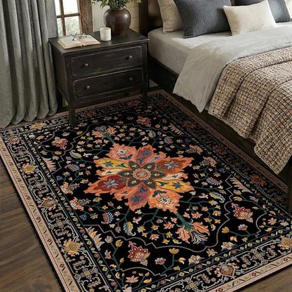 RELEANY Area Rugs 5'x8' Washable Non-Slip, Floral Vintage Distress Print Pattern Medallion Carpet for Living Room Bedroom Dining Room, Black Colorful Floral Dark Tan