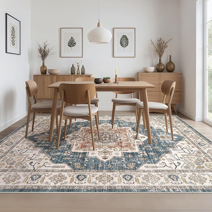Area Rug 10x14 Washable Vintage - Soft Traditional Rug for Living Room Bedroom Dining Room or Home Office -Non Slip Backing Large Rugs with Low Pile Farmhouse Oriental Retro Carpet - Blue