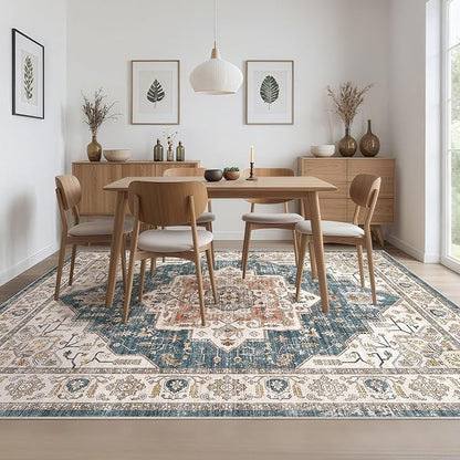 Area Rug 6x9 Washable Vintage - Soft Traditional Rugs for Living Room Large Non Slip Backing with Low Pile Farmhouse Oriental Retro Carpet for Bedroom Dining Room or Home Office - Blue