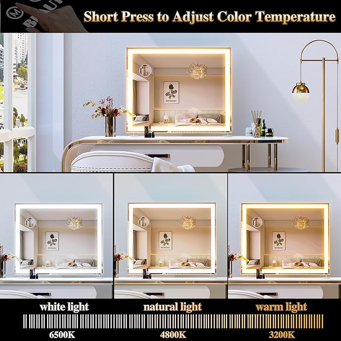 ANYHI Vanity Mirror with Lights, 23.6''x20'' Lighted Vanity Mirror with 10X Magnification, 3 Color Modes, Smart Touch Control, Aluminum Frame, Desktop or Wall Mounted Mirror for Bedroom, White