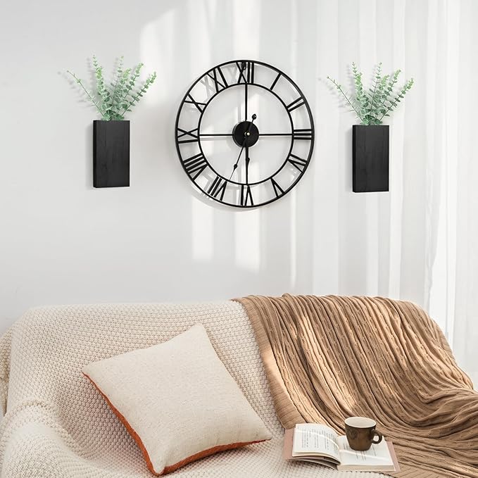 Dahey 2 Pack Wood Wall Planter Vase with Artificial Eucalyptus Farmhouse Wall Hanging Decor Pocket Planter for Indoor Fake Plants Greenery, Living Room Bedroom Kitchen Home Office Decoration, Black