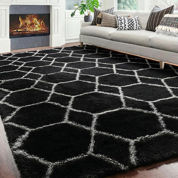 ONASAR 7x9 Area Rugs for Living Room Bedroom, Large Fluffy Black and White Throw Rug, Geometric Soft Plush Shaggy Indoor Floor Carpet for Nursery Kids Girls Boys Teen Dorm Home Decor Aesthetic