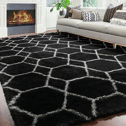ONASAR 7x9 Area Rugs for Living Room Bedroom, Large Fluffy Black and White Throw Rug, Geometric Soft Plush Shaggy Indoor Floor Carpet for Nursery Kids Girls Boys Teen Dorm Home Decor Aesthetic