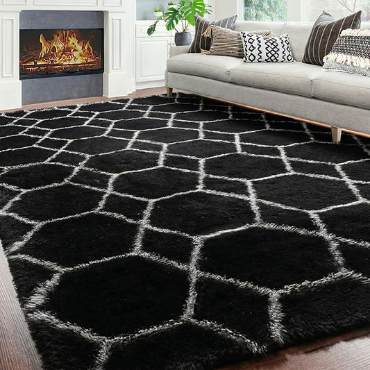 ONASAR Large Area Rugs for Living Room, 7x10 Black and White Rug, Boho Thick Floor Mat for Bedroom Home Decor Aesthetic, Soft Fuzzy Shaggy Plush Fluffy Geometric Carpet for Teen Dorm Classroom