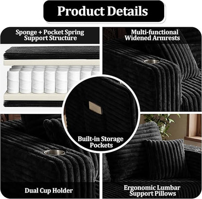 104'' L-Shaped Cloud Modular Sectional Sofa, Modern Corduroy Memory Foam Couch with Cup Holders, Upholstered Boneless Deep Seat Fluffy 3-Seater Sofa with Ottoman, No Assembly Needed, Black