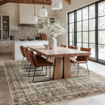 Rugxara 6x9 Area Rugs for Living Room Bedroom, Large Washable Rug, Brown Vintage Retro Boho Rug, Non Slip & Low Pile Faux Wool Thin Carpet for Indoor Dining Room and Kids Room(Charcoal/Olive 6x9ft)