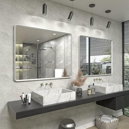 48x36 Inch Silver Bathroom Mirror for Wall, Silver Metal Framed Bathroom Vanity Mirror, Modern Rounded Rectangle Mirror, Shatterproof, Anti-Rust (Horizontal/Vertical)