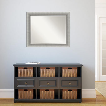 Amanti Art Silver Bathroom Mirror for Over Sink, 27x33 Elegant Brushed Pewter Rectangle Vanity Mirror, Large Casual Frame, Hangs Horizonally and Vertically, Bathroom Wall Decor, Beveled Edge