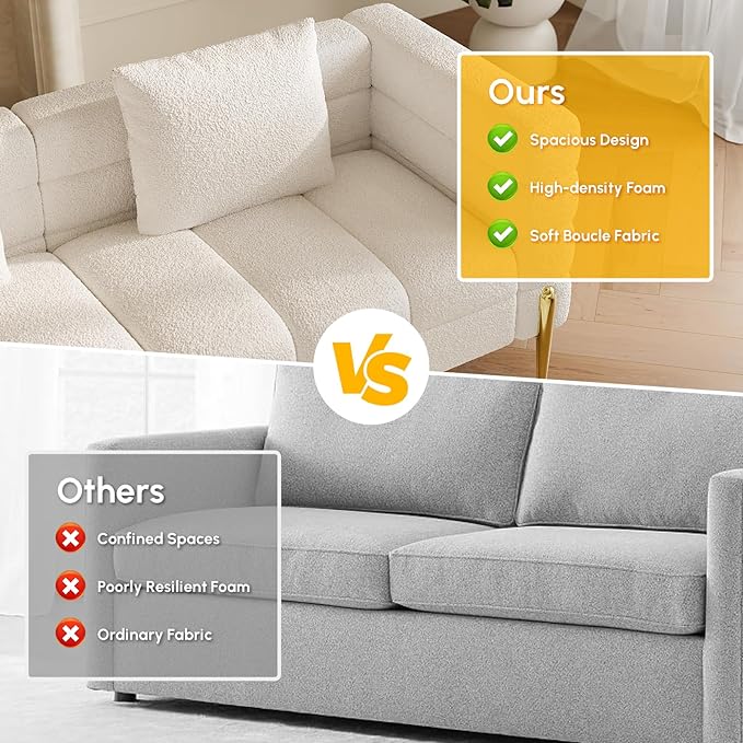 homary 79" Modern Boucle Sofa Couch, White Curved 3 Seater Couch with Deep Seat & Pillows, Upholstered Luxury Sofa for Living Room Apartment
