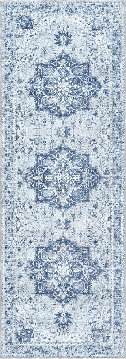 Bloom Rugs Washable Non-Slip 12 ft Runner - Gray/Blue Traditional Medallion Runner for Entryway, Hallway, Bathroom, and Kitchen - Exact Size: 2.5' x 12'