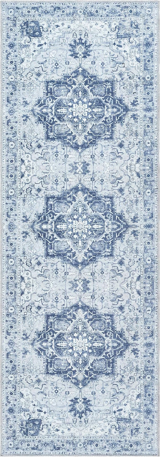 Bloom Rugs Washable Non-Slip 12 ft Runner - Gray/Blue Traditional Medallion Runner for Entryway, Hallway, Bathroom, and Kitchen - Exact Size: 2.5' x 12'