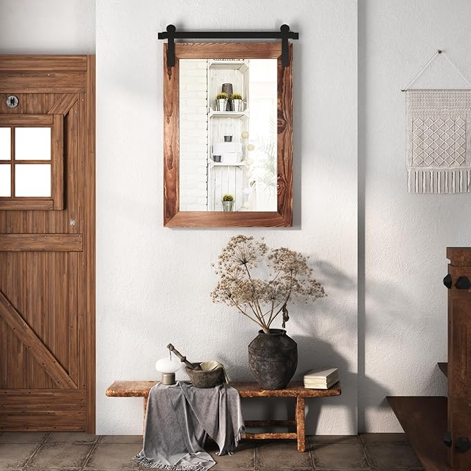 COGOOD Bathroom Mirrors for Over Sink - 42" x 29" Farmhouse Barn Door Mirror for Living Room, Entryway, Bedroom, Vanity Wall Decor Brown