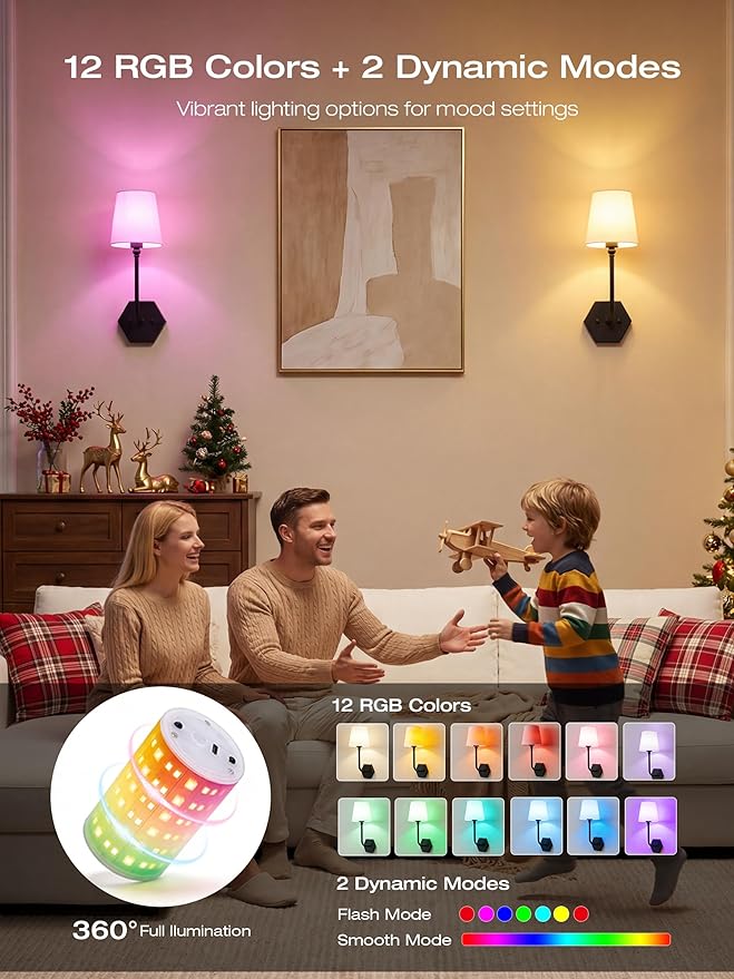 CLOUDY BAY 10000mAh Battery Operated Wall Sconces,Up to 100 Hours with Rechargeable RGB Dimmable Magnetic Bulb,Cordless Wall Lighting Fixtures with Remote for Bedroom,Black,2 Pack-17.9in