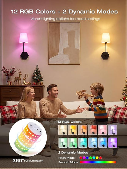 CLOUDY BAY 10000mAh Battery Operated Wall Sconces,Up to 100 Hours with Rechargeable RGB Dimmable Magnetic Bulb,Cordless Wall Lighting Fixtures with Remote for Bedroom,Black,2 Pack-17.9in