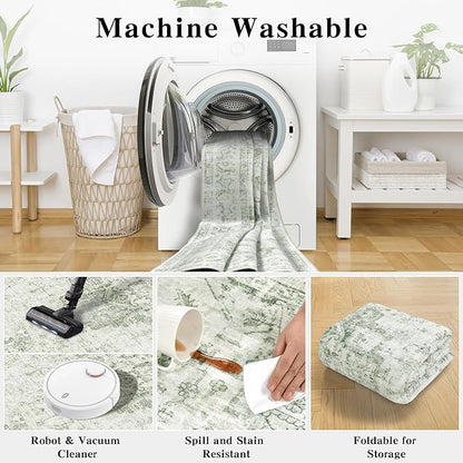 8x10 Vintage Washable Area Rugs Boho Medallion Large Distressed Retro Accent Carpet Floral Non-Slip Soft Low Pile Indoor Throw Rug for Living Room Bedroom Dining Room Office Kitchen, Green