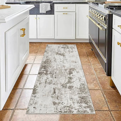 ROYHOME Modern Abstract Runner Rug 2x5 Washable Non Slip Stain Resistant Rug for Bedroom Living Room Non Shedding Low Pile Indoor Floor Cover,Taupe/Beige