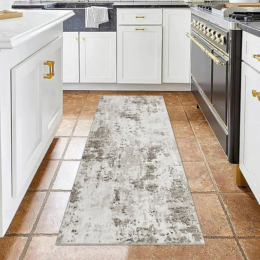 ROYHOME Modern Abstract Runner Rug 2x5 Washable Non Slip Stain Resistant Rug for Bedroom Living Room Non Shedding Low Pile Indoor Floor Cover,Taupe/Beige
