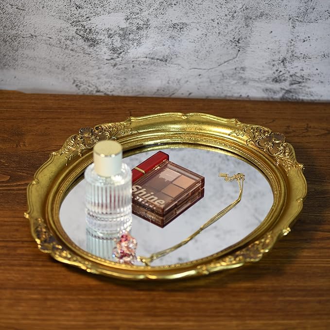 Funerom 12.8 x 14.3 inch Vintage Decorative Wall Mirror, Hanging Mirrors for Bedroom Living-Room Dresser Decor, Oval Gold
