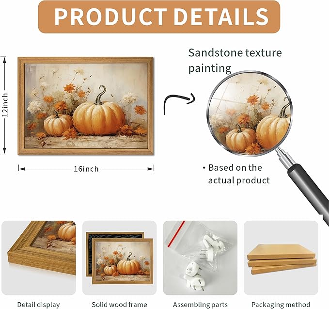 Framed Vintage Halloween Pumpkin Wall Art – 3D Texture Harvest Pumpkins Pictures Fall Wall Decor for Living Room, Rustic Autumn Pumpkin Art Prints for Kitchen, Bedroom, Home or Party – 12x16in