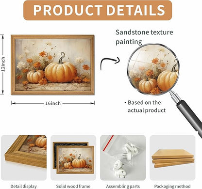 Framed Vintage Halloween Pumpkin Wall Art – 3D Texture Harvest Pumpkins Pictures Fall Wall Decor for Living Room, Rustic Autumn Pumpkin Art Prints for Kitchen, Bedroom, Home or Party – 12x16in