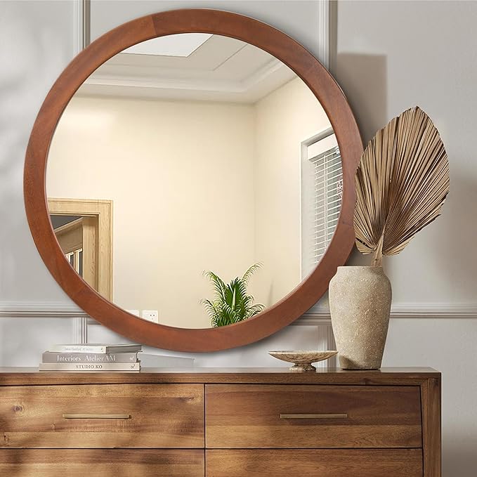 CULER Round Mirror 36 Inch,Wood Rustic Bathroom Tempered Wall Mirror with Walnut Frame,Farmhouse Wooden Vanity Circle Mirrors for Living Room,Entryway or Bedroom（Walnut Brown）