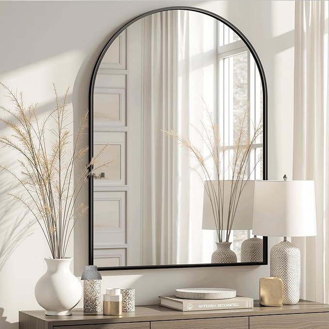 Arched Bathroom Mirror for Wall, 38" x 26" Black Metal Frame Vanity Mirror, HD Glass Over Sink for Bathroom, Entryway, Bedroom
