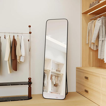 NARCISSUS 57x16 Mirror Door Hanging Full Length Body with Floor Stand or Wall Mounted Metal Aluminum Frame Tempered Glass Rectangle Mirrors for Bedroom Dressing Living Room Bathroom 57 inch Black