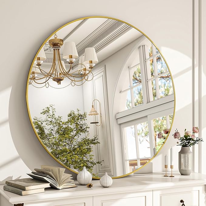 Round Mirror Wall Mounted Mirror - 28" Circle Mirror Bathroom Vanity Mirror with Aluminum Frame for Bedroom Living Room, Entryway Decor Gold Mirror