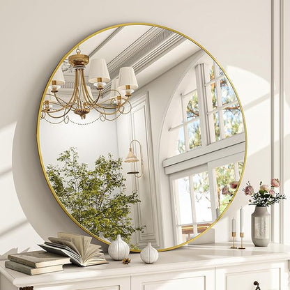 Round Mirror Wall Mounted Mirror - 28" Circle Mirror Bathroom Vanity Mirror with Aluminum Frame for Bedroom Living Room, Entryway Decor Gold Mirror