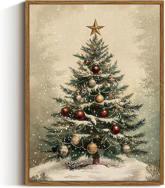 VIYYIEA Framed Canvas Wall Art Home Decor for Living Room, Vintage Christmas Tree Pictures, Christmas Decorations Indoor, Winter Wall Decor Gifts for Friends or Family - 16L x 12W