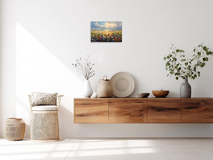 TutuBeer 1 Pcs Wildflower Field Artwork Rustic Wildflower Field at Beach Vintage Wall Art Canvas Prints Wild Flower Wall Art Rustic Style Kitchen Office Farmhouse Bathroom Decor 24x36inch