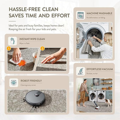 Lahome Bird Washable Rugs 8x10, Soft 8x10 Area Rugs for Living Room Bedroom, Non-Slip Stain Resistance Large Ultra-Thin Vintage Carpet for Dining Room Office, Hemp/Taupe