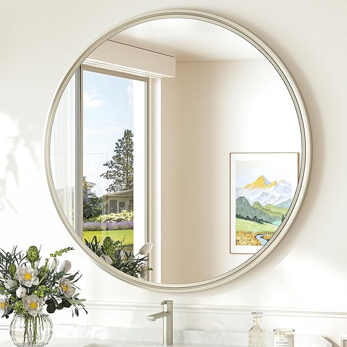 TokeShimi 30 Inch Brushed Nickel Mirror Round Tempered, Shatterproof Bathroom Vanity Mirror Circle, Metal Farmhouse Wall Mounted Mirror for Vanity, Entryway, Bedroom, Restroom, Living Room