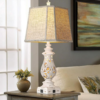 PARTPHONER 29" Table Lamps Set of 2, Bedside Lamps with USB A+C Ports & Night Light, Farmhouse Nightstand Lamps with Linen Fabric Shades for Bedroom Living Room, Antique White (LED Bulbs Included)