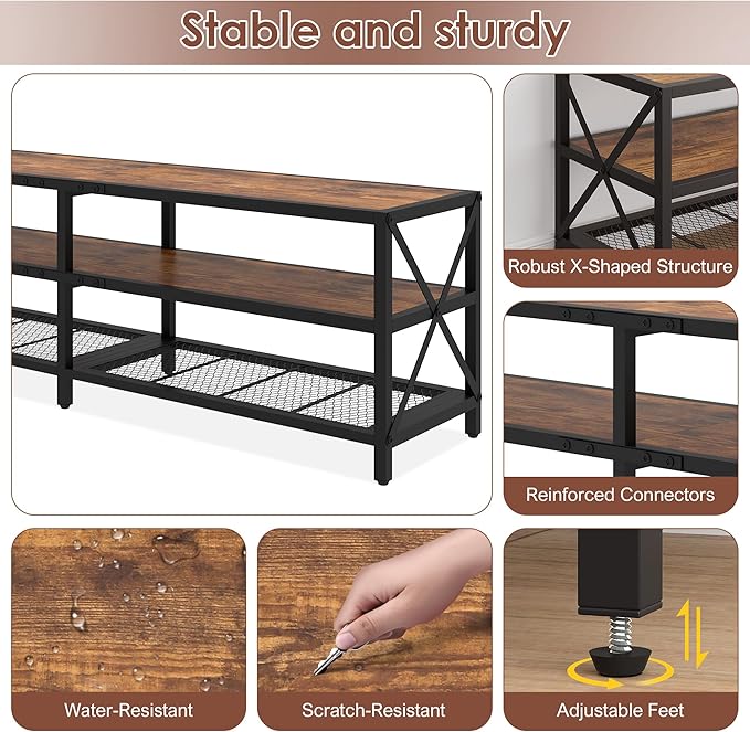 Bigbiglife TV Stand for TVs Up to 75 Inches, Industrial Entertainment Center with 3 Tier Open Shelves, TV Console Table for Living Room, Bedroom, Rustic Brown (75 inch)