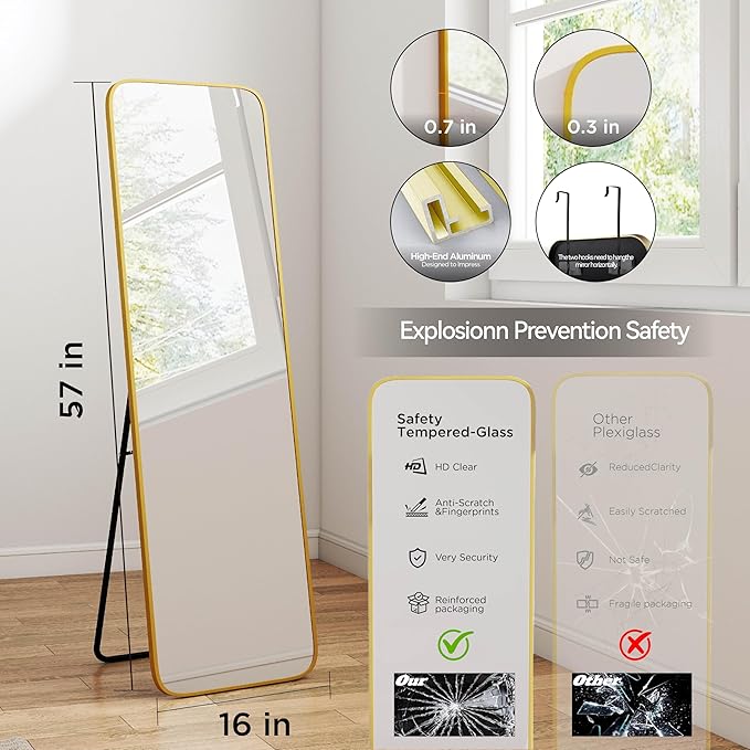 SCWF-GZ 57x16 Door Hanging Full Length Mirror, Floor Stand (Height 5.7ft just Body in1.3ft) Wall Mounted Metal Frame Rectangle Dressing Mirrors for Bedroom Bathroom Room 57 inch Gold
