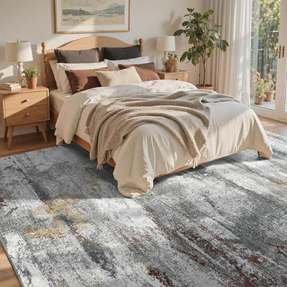 9x12 Ft Extra Large Washable Area Rugs for Living Room, Soft Non-Slip Modern Abstract Print Pattern Carpet for Bedroom Indoor Floor Nursery Home Decor (Grey/Gold-Brown/Red-Brown)