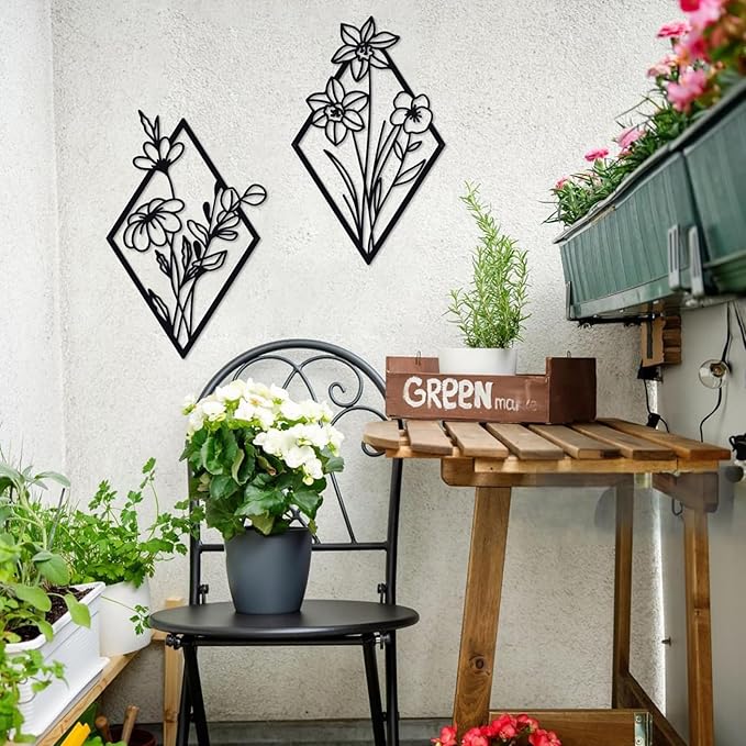 ShxTrade 3 Pcs Metal Flowers Wall Arts, Rustic Farmhouse Decor Minimalist Flower Wall Decors Natural Themed Home Decorations for Bathroom Kitchen Living Room Bedroom (Black)