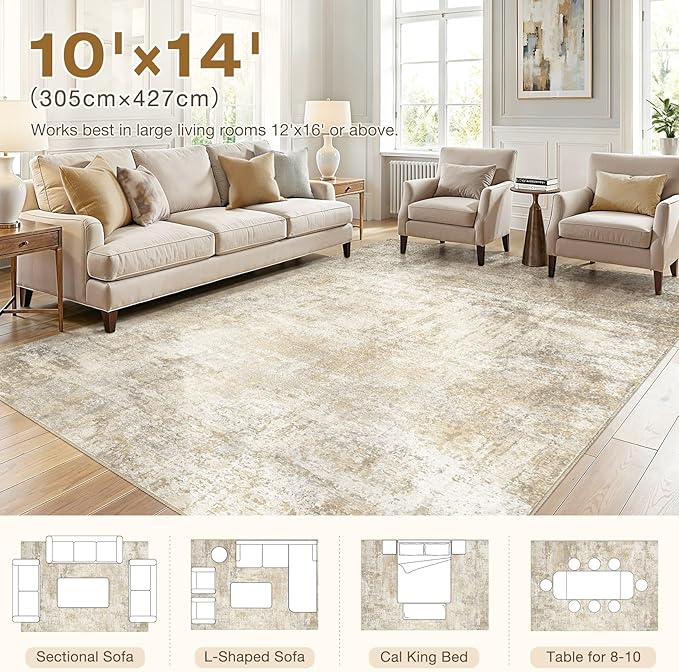cotiled 10x14 Area Rugs for Living Room - Washable Neutral Abstract Carpet Non Slip Soft Rug for Bedroom & Dining Table, Robot Vacuum & Pet Friendly Floor Decor Beige