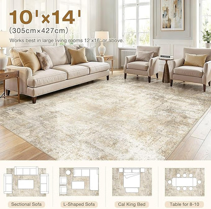 cotiled 10x14 Area Rugs for Living Room - Washable Neutral Abstract Carpet Non Slip Soft Rug for Bedroom & Dining Table, Robot Vacuum & Pet Friendly Floor Decor Beige