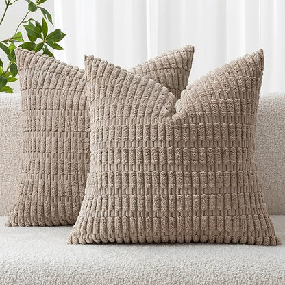 MIULEE Pack of 2 Corduroy Decorative Euro Sham Throw Pillow Covers 22x22 Inch Soft Boho Striped Pillow Covers Modern Farmhouse Home Decor for Sofa Living Room Couch Bed Light Brown