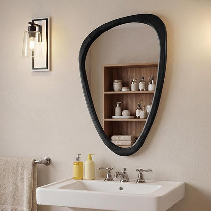 30''x20'' Asymmetrical Mirror with Wood Frame Black, Small Irregular Wall Mirror Odd Shaped Mid Century Modern Mirror Decor for Bedroom Living Room Entryway Hall