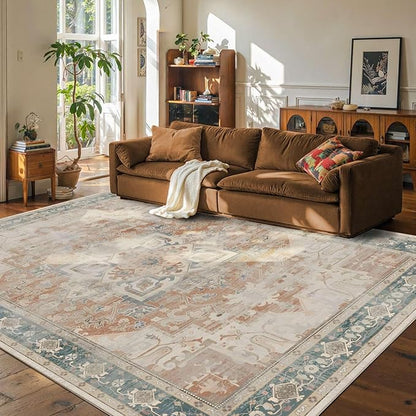 Rugxara 8X10 Orange Boho Rug,Large Washable Area Rugs for Living Room, Neutral Vintage for Office, Dining Room, Kids Room, Farmhouse, Low Pile Non Slip Carpet for High Traffic Areas, Coral