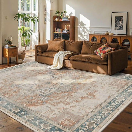 Rugxara 8X10 Orange Boho Rug,Large Washable Area Rugs for Living Room, Neutral Vintage for Office, Dining Room, Kids Room, Farmhouse, Low Pile Non Slip Carpet for High Traffic Areas, Coral