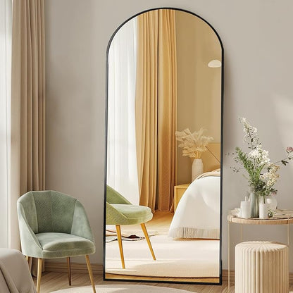 Sweetcrispy 64"x21" Arched Full Length Mirror, Full Body Mirror with Aluminum Alloy Thin Frame, Leaning or Standing, Suitable for Bedroom, Livingroom, Cloakroom, Black