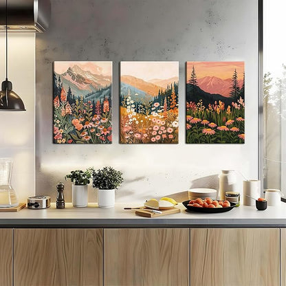 Framed Wildflower Mountain Landscape Wall Art Set of 3, Colorful Floral Wall Decor, Boho Sunset Landscape Canvas Artwork, Earth Tone Botanical Poster Prints for Living Room Bedroom 16x24 Inch