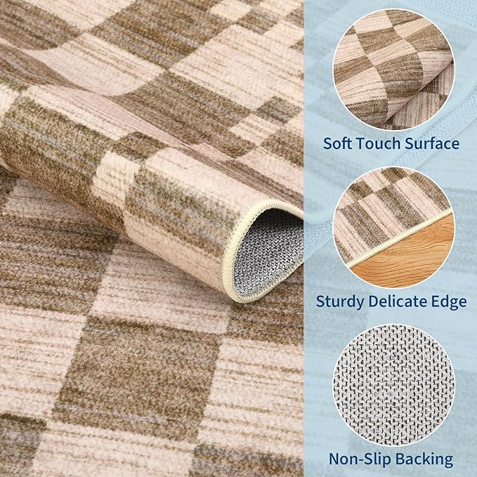 GarveeHome Brown Checkered Rug 2x4 Washable Rug Non-Slip for Entryway, Soft Low-Pile Small Area Rugs,Beige Neutral Modern Geometric Rugs for Kitchen