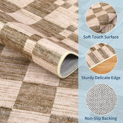 GarveeHome Brown Checkered Rug 6×9 Area Rugs for Living Room,Non-Slip Geometric Tan Brown Print Washable Rug Soft Low-Pile,Neutral Modern Checkerboard Farmhouse Rugs for Bedroom Dining Room