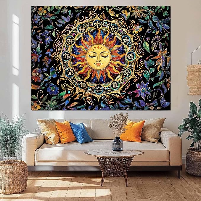 Neasow Mystic Hippie Sun Tapestry, Twelve Constellation Aesthetic Astrology Wall Art, Boho Stained Glass Floral for Living Room Bedroom Home Decor, 60x80 inches