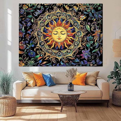 Neasow Mystic Hippie Sun Tapestry, Twelve Constellation Aesthetic Astrology Wall Art, Boho Stained Glass Floral for Living Room Bedroom Home Decor, 60x80 inches